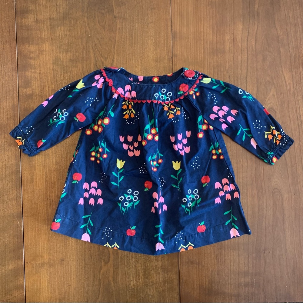 Hanna Andersson Navy Floral Smock Dress with Pink and Green Accents